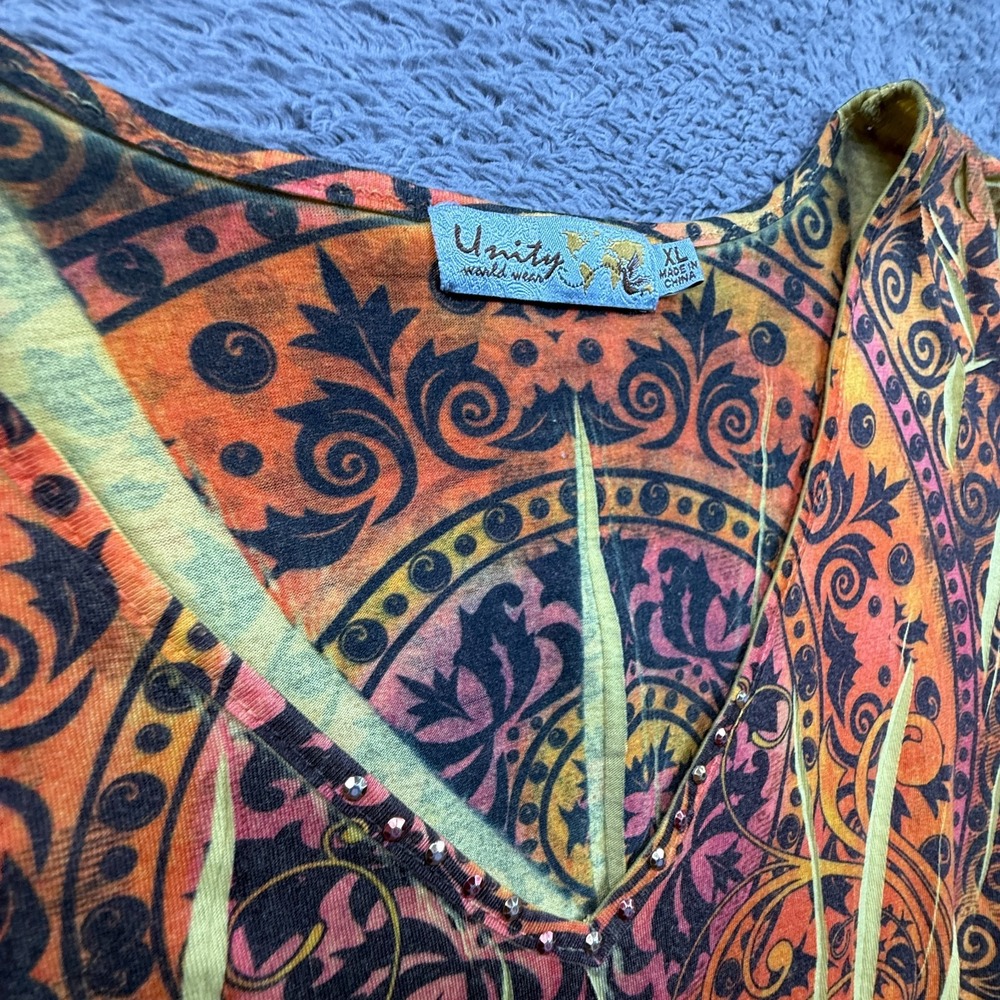 Unity World Wear Flame Orange Boho Hippie Top Shirt Womens XL Bejeweled - Picture 2 of 5